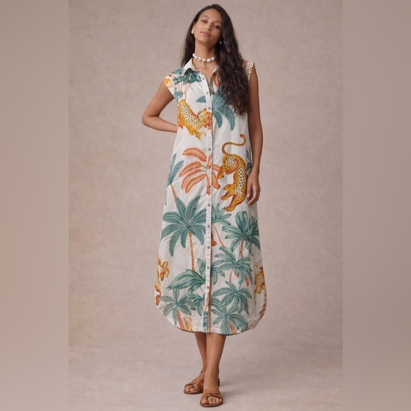 Anthropologie Dresses & Skirts - Anthropologie Maeve Lillian Cap-sleeve Jungle Leopard Midi Shirt Dress